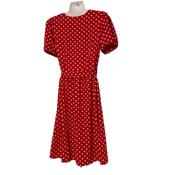 Eva Rose Short Sleeve Polka Dot Belted Dress with Pockets Red